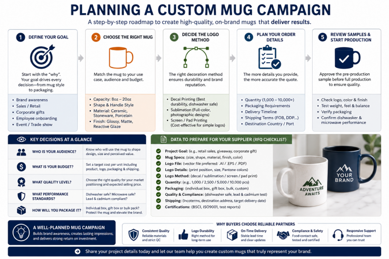 Planning a Custom Mug Campaign A business owner planning a campaign with custom printed mugs for business