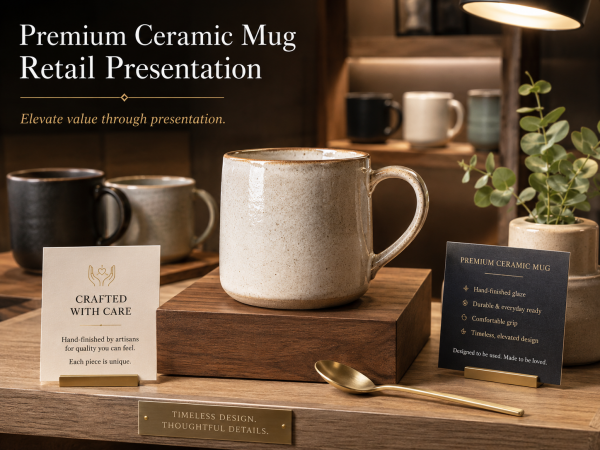 A single, premium ceramic mug displayed on a small riser with focused lighting.