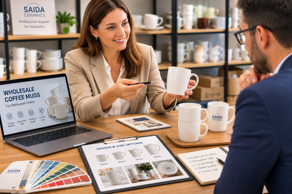 Presenting Wholesale Coffee Mugs for Restaurants A professional wholesaler presenting a selection of custom logo restaurant mugs to a client in a meeting.