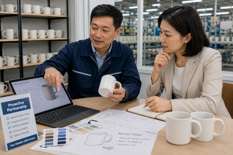 An engineer pointing out a detail on a 3D model of a mug to a client over a video call.