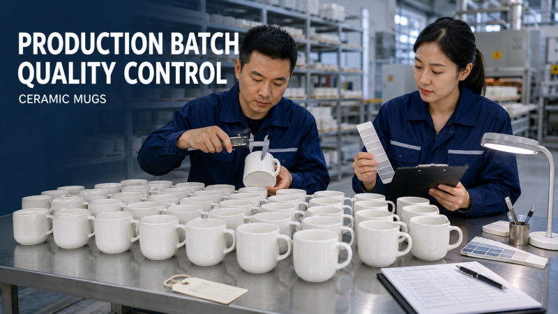 Production Batch Quality Control for Ceramic Mugs A quality control inspector examining a batch of white ceramic mugs on a factory line, checking for defects.