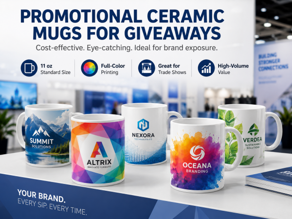 Promotional Ceramic Mugs for Giveaways Colorful promotional ceramic mugs with vibrant logos ready for a trade show