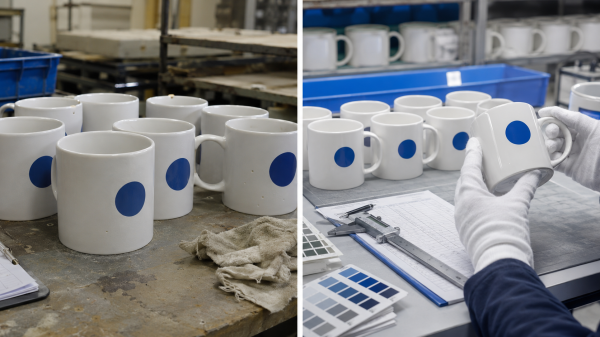A close-up of a flawless custom promotional mug next to a flawed one with pinholes