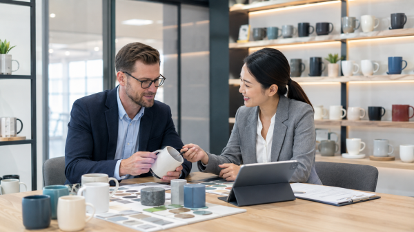Two people shaking hands over a table with designs for custom logo drinkware