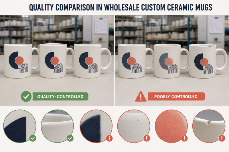 A side-by-side comparison of a high-quality custom mug next to a low-quality one that is faded and cracked.