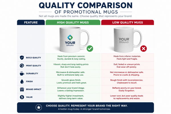 Quality Comparison of Promotional Mugs A side-by-side comparison showing a cheap, thin promotional mug next to a sturdy, well-crafted one.