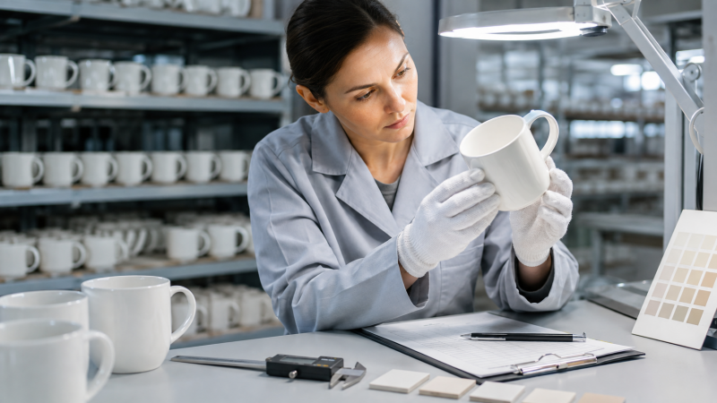 Quality Control in Ceramic Manufacturing A worker's hands carefully inspecting a freshly made ceramic mug, showcasing the attention to detail in sustainable ceramic mug manufacturing.
