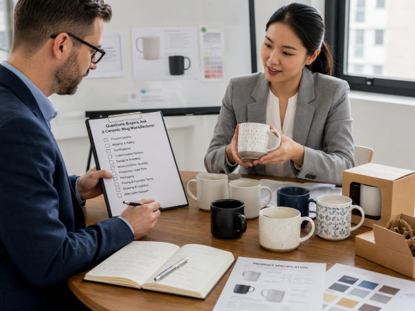 Questions Buyers Ask a Ceramic Mug Manufacturer A buyer reviewing a detailed quote for custom ceramic mugs, representing the smart questions buyers ask.
