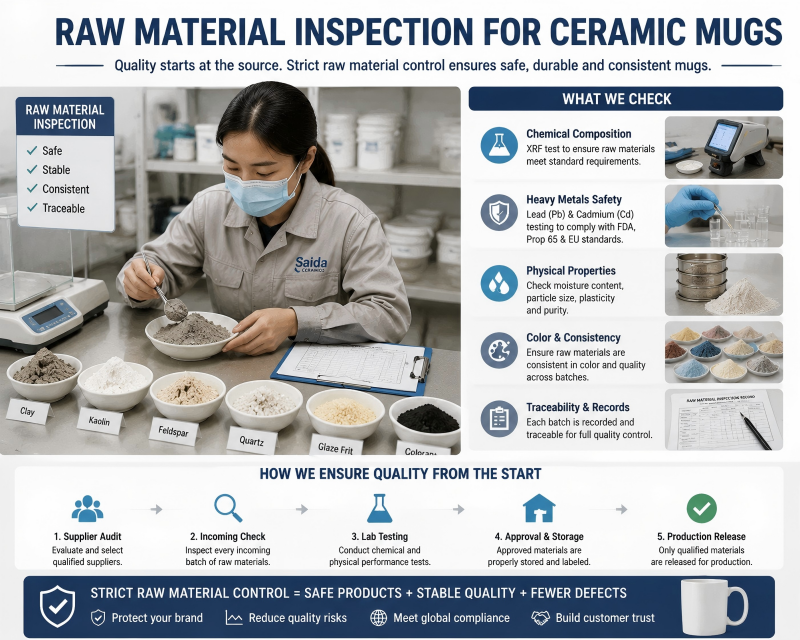 A factory worker in gloves inspecting a sample of raw clay powder, a crucial first step in the ceramic mug manufacturing process.