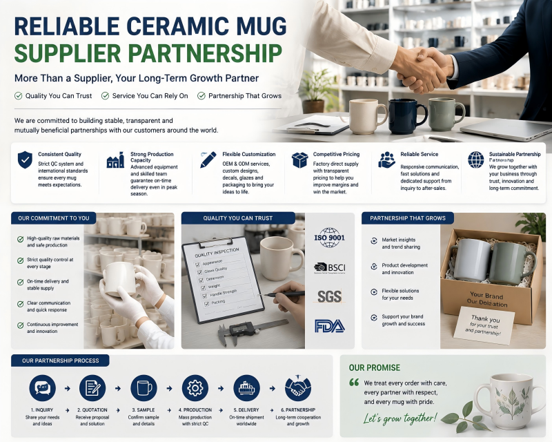 A handshake between a factory manager and a client in front of pallets of boxed ceramic mugs. Alt text: A reliable ceramic mug supplier building a partnership based on trust and quality control.