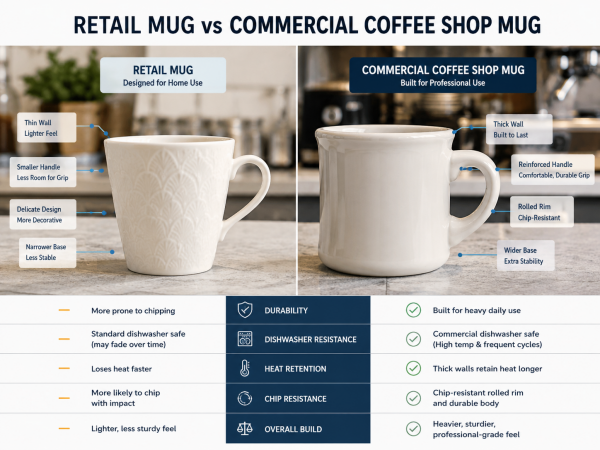 A side-by-side comparison of a thin retail mug and a durable coffee shop mug