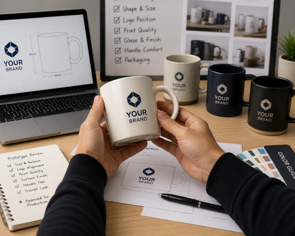 Reviewing a Branded Mug Prototype A designer and factory manager reviewing a branded mug prototype