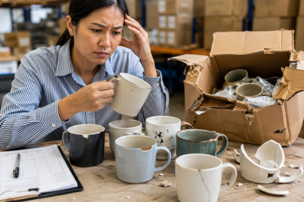 A pile of chipped and defective ceramic mugs, illustrating the hidden costs of choosing a cheap supplier over a reliable long-term mug manufacturing partner.