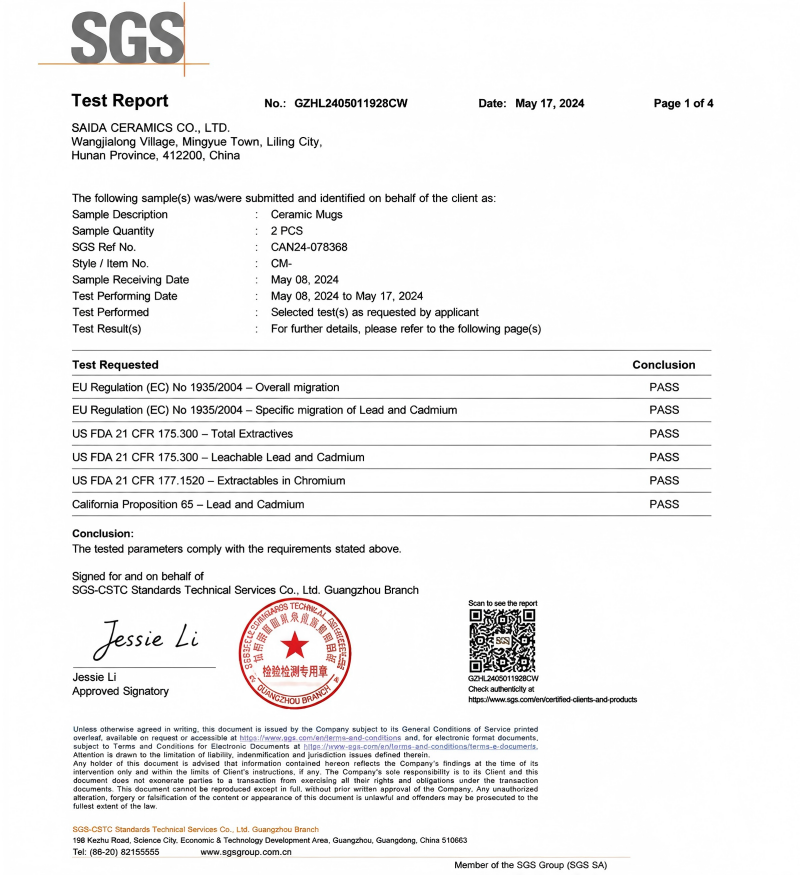 SGS Report for Ceramic Mugs A close-up of a document showing the results of SGS testing for ceramic mugs