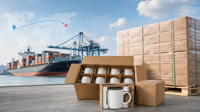 Shipping Ceramic Mugs from China to USA A neatly packed pallet of ceramic mugs ready for shipping from China to the USA