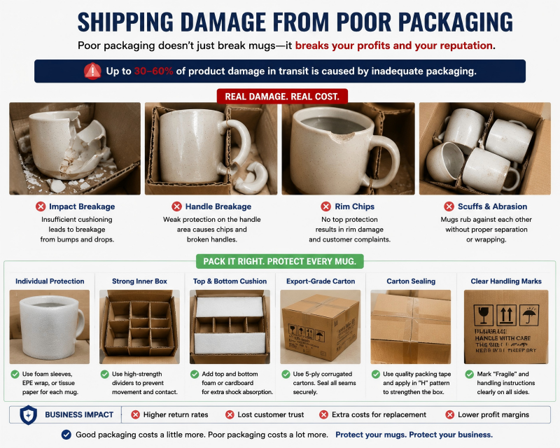 A smashed ceramic mug next to its flimsy, inadequate packaging box