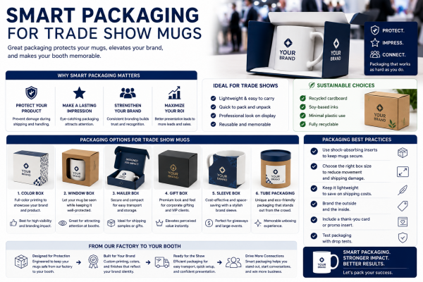 Smart Packaging for Trade Show Mugs Individually boxed custom mugs stacked neatly, ready for a trade show.