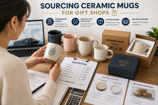 A gift shop owner examines a quote to source ceramic mugs from a factory