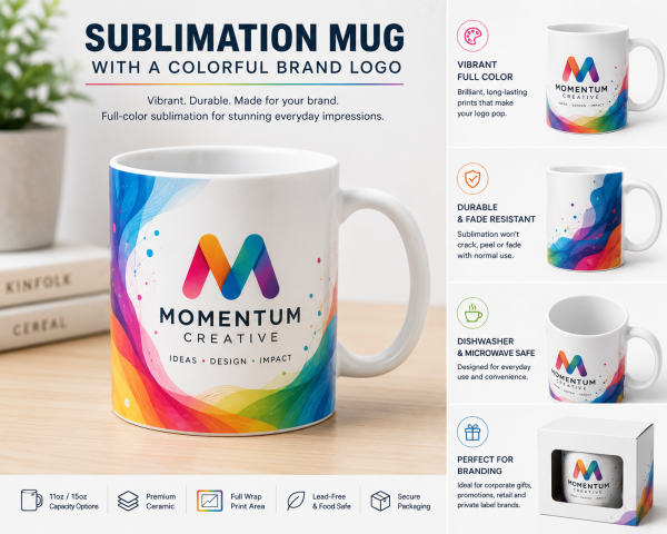 A sublimation-coated mug showcasing a vibrant, full-color logo