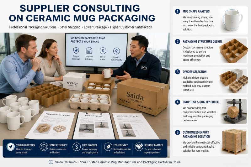 An experienced sales representative discussing OEM ceramic mug packaging solutions with a client over a table with mug and box samples.