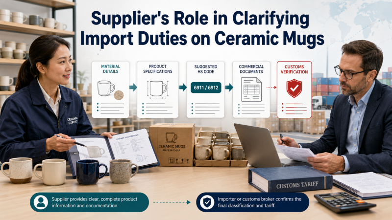 Supplier's Role in Clarifying Import Duties on Ceramic Mugs Factory manager pointing to a ceramic mug's material specs on a document