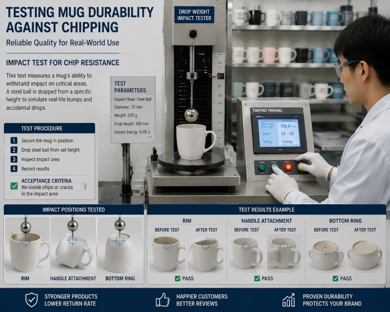 A close-up of a pendulum impact tester striking the rim of a white ceramic mug to test chip resistance.