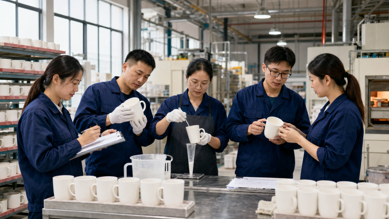 A group of skilled workers from our ceramic mug production team discussing a product blueprint in our Liling factory.
