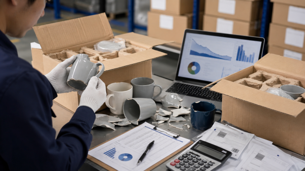 A broken ceramic mug next to an intact one, illustrating the high cost of a poor ceramic mug breakage rate shipping.