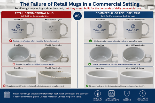 A stack of plain white mugs next to a faded, chipped custom mug.