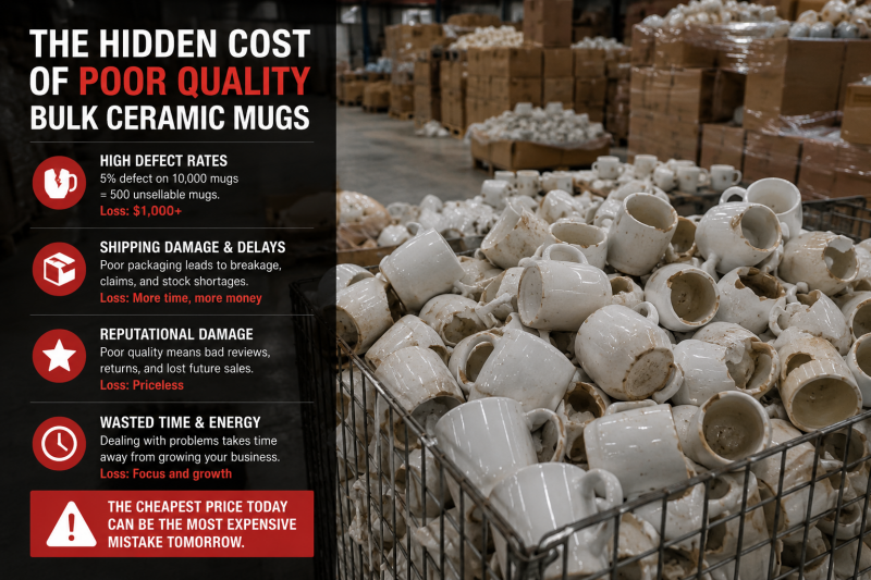 A pile of defective bulk ceramic mugs waiting for disposal, illustrating the cost of poor quality control.