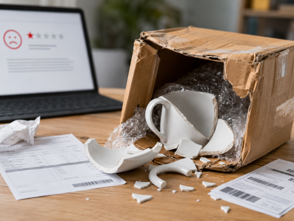 The High Cost of Cheap Mug Packaging A broken ceramic mug next to its flimsy, crushed shipping box.