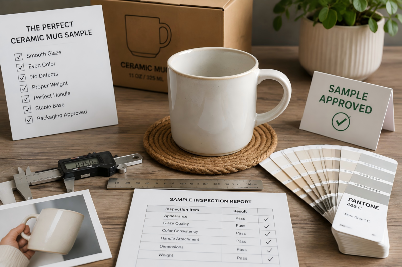 A single, perfect-looking ceramic mug highlighted on a dark background. Alt text: A perfect sample mug that might be a trap for buyers unaware of ceramic mug quality issues.