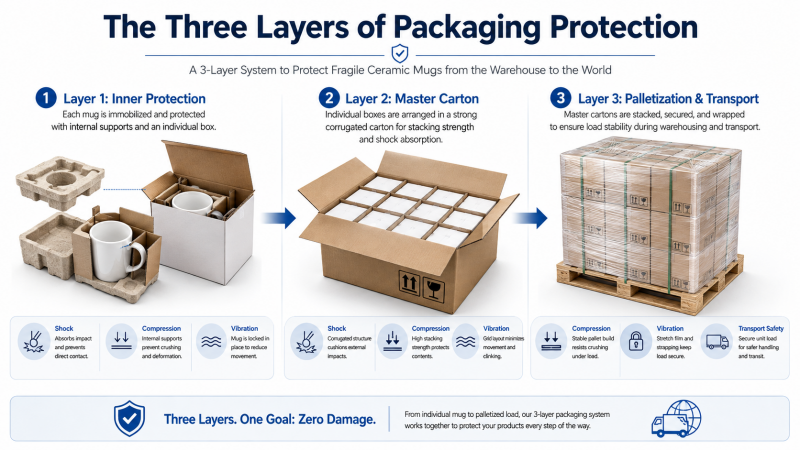 Diagram showing a systemic packaging approach for international shipping ceramic products
