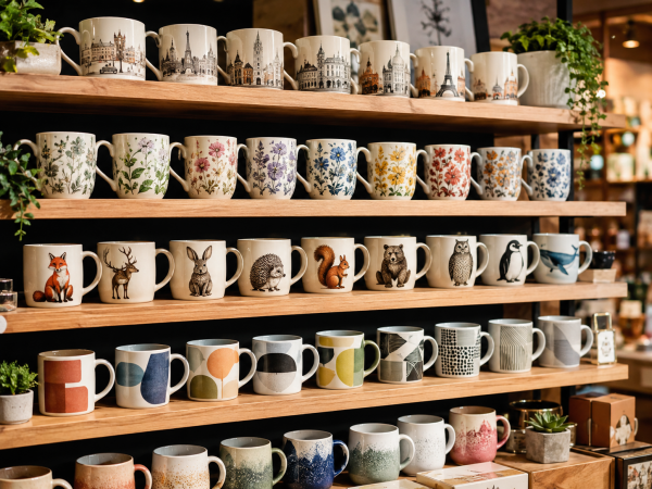 Themed Ceramic Mug Collections for Retail A cohesive set of themed mug collections on a retail shelf