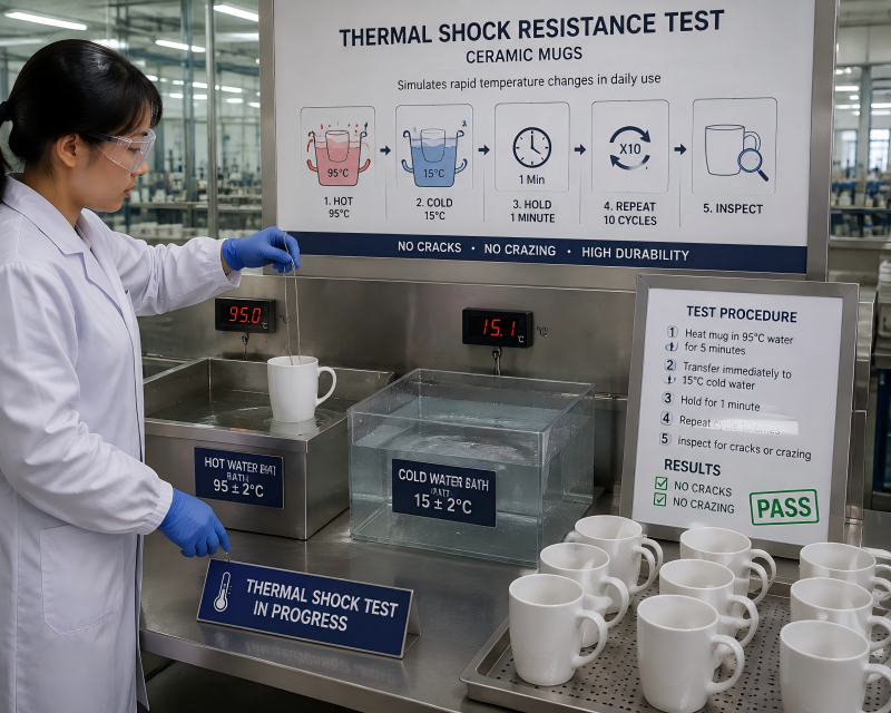 A lab technician carefully placing a hot ceramic mug into a cold water bath to test for thermal shock resistance.
