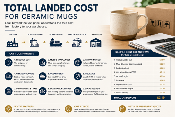 An infographic comparing the unit price vs total landed cost for ceramic mugs
