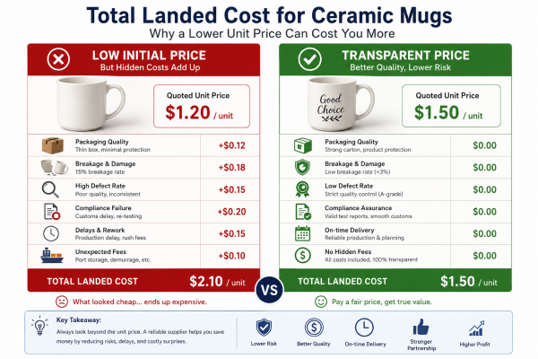 Total Landed Cost for Ceramic Mugs An infographic comparing a low initial price to a higher total landed cost for ceramic mugs after adding hidden fees.