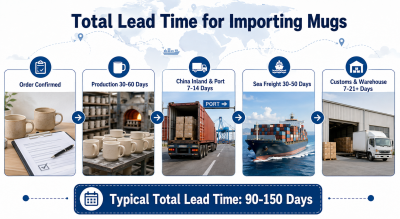 Total Lead Time for Importing Mugs A flowchart breaking down the total lead time for international mug shipping from China.