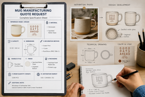 Translating an idea into a mug design A designer sketching a mug concept based on an inspiration photo