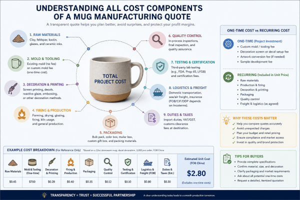 Understanding all cost components of a mug manufacturing quote A diagram showing the different cost components of a mug manufacturing quote