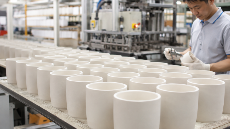 Uniform Ceramic Mug Bodies in Production A row of identical greenware ceramic mug bodies before handle attachment.
