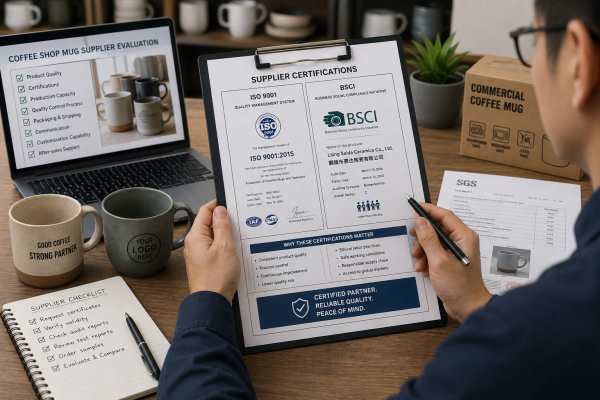 A buyer reviewing a supplier's BSCI and ISO9001 certifications for their coffee shop mug order
