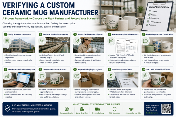 Verifying a Custom Ceramic Mug Manufacturer A photo of a factory's BSCI certificate or the front gate of the facility.