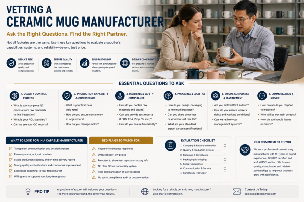 A buyer and a factory manager inspecting a ceramic mug, discussing quality control details.