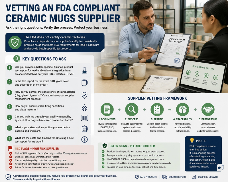 A buyer and supplier shaking hands over a table with ceramic mugs and compliance documents