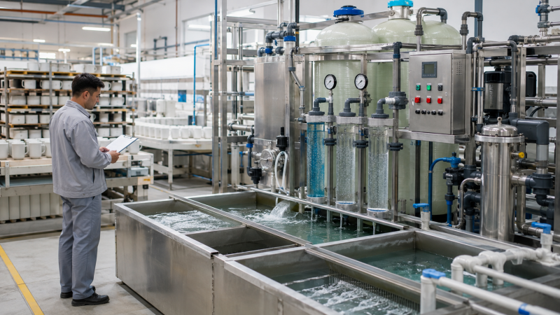 Water Recycling System in Ceramic Factory A network of large industrial pipes and tanks, part of a water recycling system in a modern factory, a key aspect of ceramic mug factory sustainability.