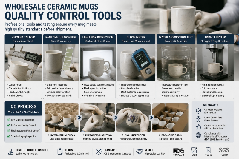 An array of quality control tools on a factory workbench, including calipers, a pull-tester, and sample mugs.