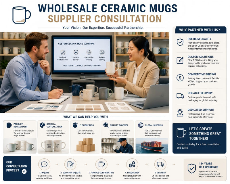 A wholesale ceramic mugs supplier discussing common defects in ceramic mugs with a buyer.