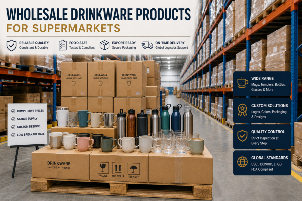 A warehouse aisle filled with boxes of wholesale drinkware products ready for shipping to supermarkets.