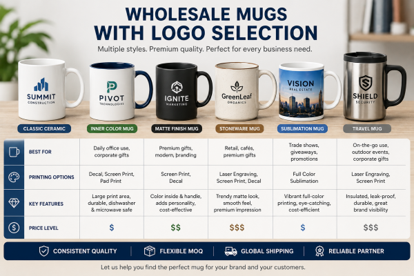 Wholesale Mugs with Logo Selection A buyer evaluating different wholesale mugs with logos for corporate branding